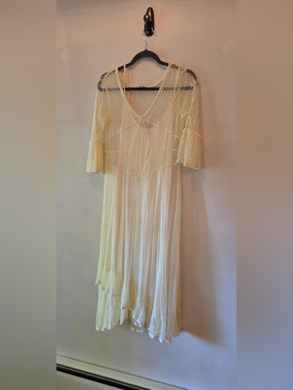 Sundance Cream Swiss Dot Lace Sheer Maxi Dress with Flutter Sleeves